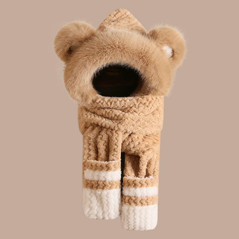 Cold-proof and warm teddy bear plush hat, scarf and gloves all-in-one women's winter thickened ear-protecting cycling cap