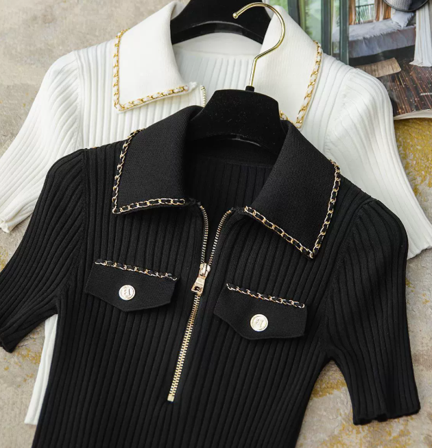 Summer Fashion Slim Knitted Tshirt Sweater Women Stylish Chain Buttons Zip-up Tees Tops Vintage Elegant Chic Ladies Knitwear 250723
