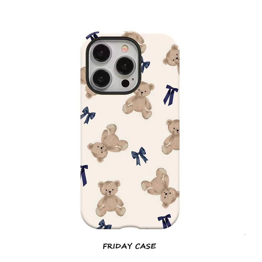 Phone Case for iPhone 16 15 14 13 12 11 X XS XR XSMAX 7 8 Pro Max Plus Adorable Bear Bow Tie Des Double-layer Back Cover