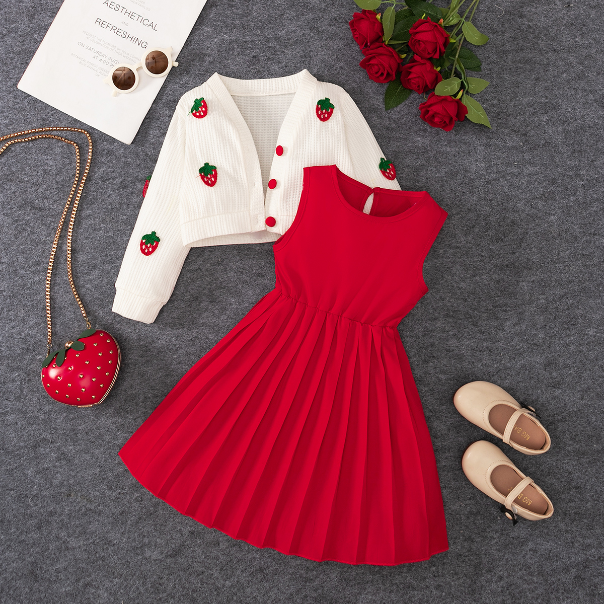 Toddler Girl 2pcs Set: Strawberry Embroidered White Cardigan & Red Pleated Sleeveless Dress, Cute Outfit-2690