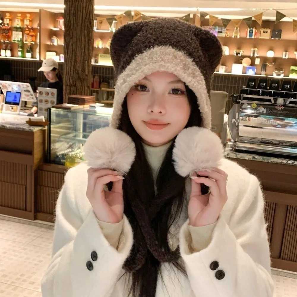 New Cute Bear Knitted Hat Pp Fur Balls Pr C Windproof Knitted Beanie Hat Autumn and Winter Y250920