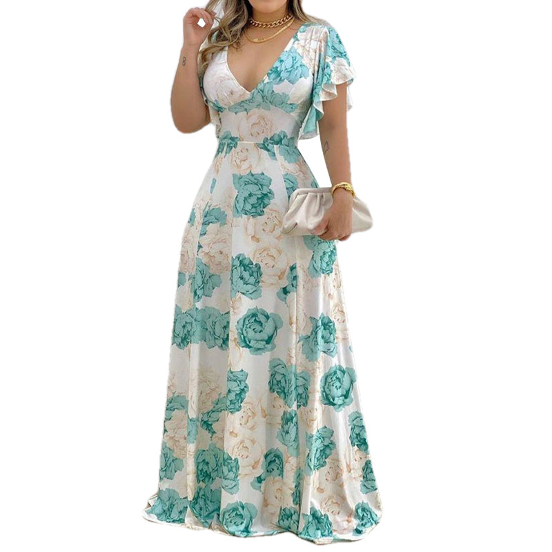 Women's Plus Size Deep V - Neck Floral Print Ruffle Short Sleeve Maxi Dress