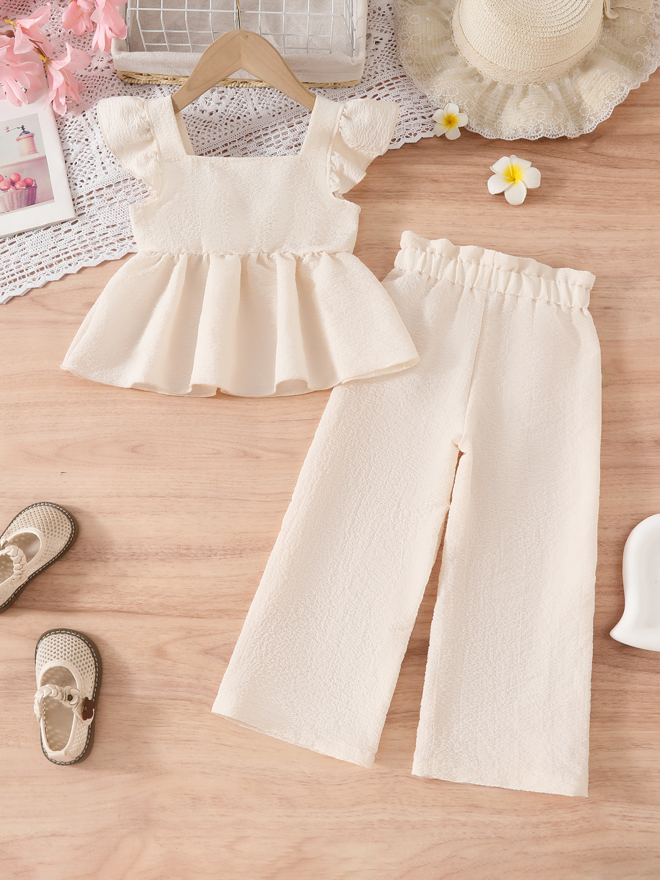 Toddler Girl Set: Floral Embroidered Ruffle Sleeve Peplum Top and Wide Leg Pants, Sweet Outfit Two piece set of top and pants-2591