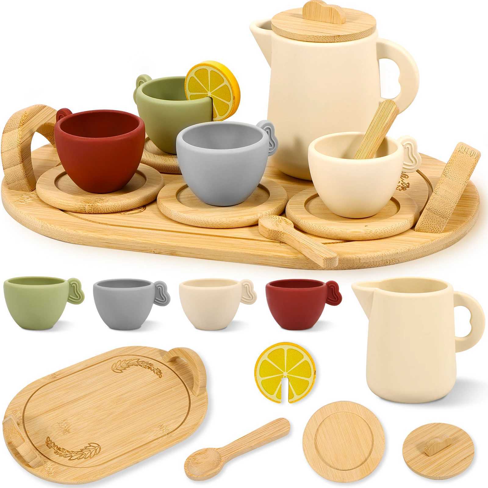 Wooden Children Montessori Toy Teapot Teacup Simulation Kitchen Utensil BPA Free Silicone Kid Education Pretend Play Toy Gift C250922