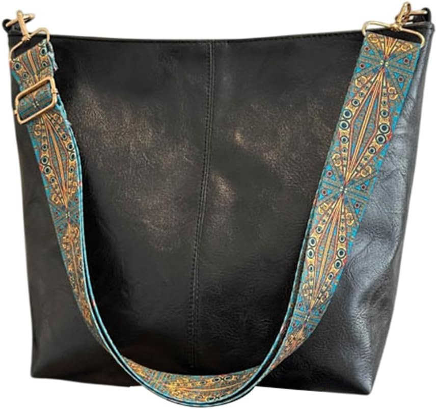 Hobo Crossbody Bag for Women Vegan PU Leather Shoulder Purses Brown Stylish Wide Guitar Strap Tote Bucket Bag with Zipper for Working Shopping Traveli