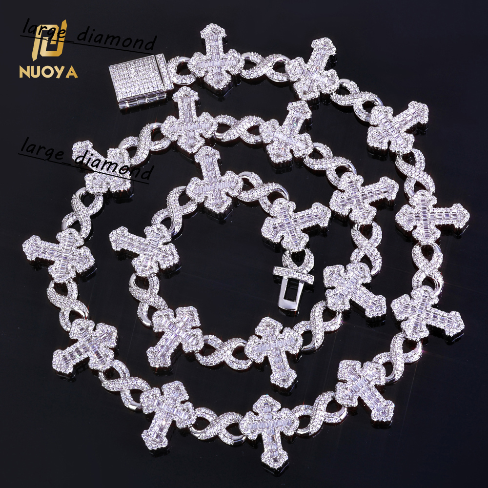 Fine Jewelry 15MM Iced Out Diamond Chain Gold Plated Flip Buckle Cross 8Character Infinite Design Bling Moissanite Necklace
