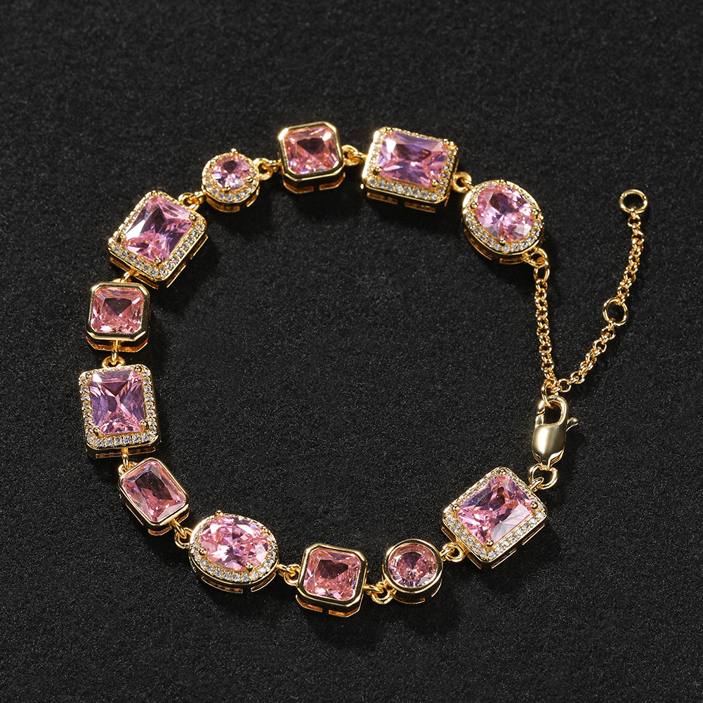 High Quality Hip Hop Pink Geometric Shape 5A Zircons Tennis Chain Bracelet Women Jewelry Gift