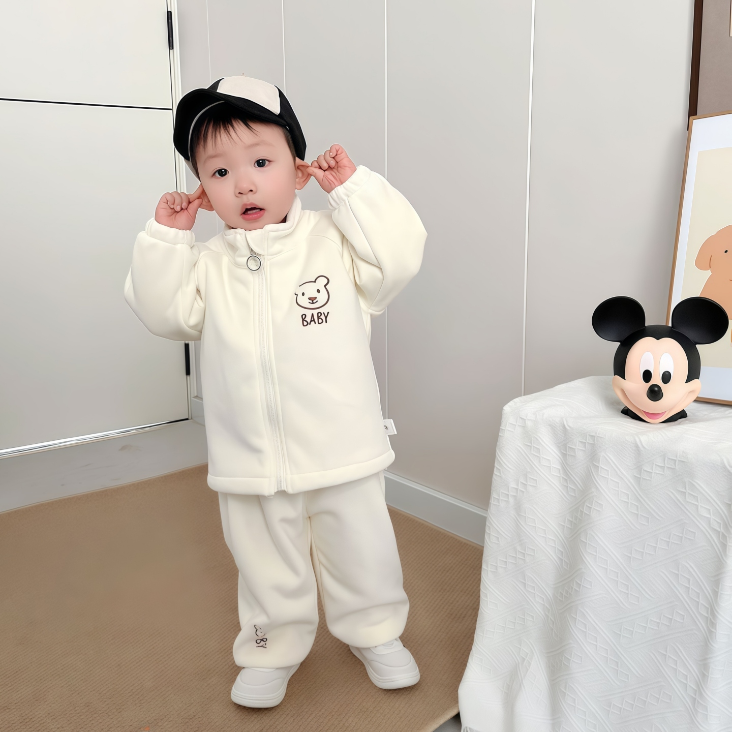 Double sided Orly fleece set for infants and young children, autumn and winter thick warm children's clothing two-piece set