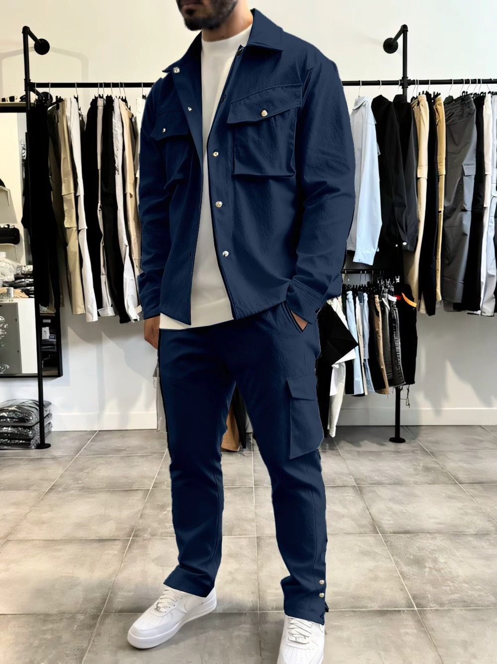 New Designer Set European style Mens Clothing Spring And Autumn Leisure Sports Multi-pocket Cargo Jacket Trousers Two piece Set plus size sweatsuit