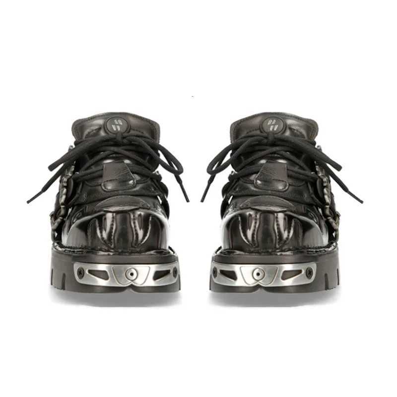 Limited Release Dark Punk Style Black Leather Shoes with Chunky Soles and Metal Embellishments W250922