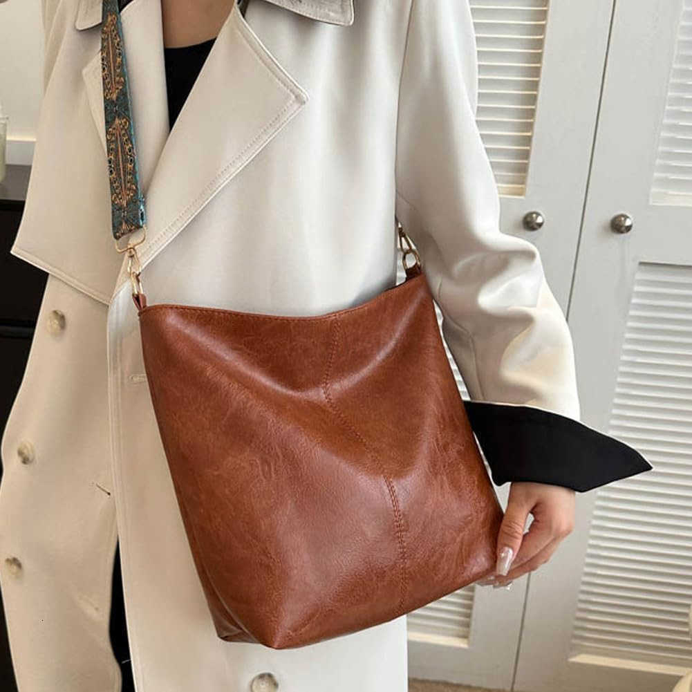 Hobo Crossbody Bag for Women Vegan PU Leather Shoulder Purses Brown Stylish Wide Guitar Strap Tote Bucket Bag with Zipper for Working Shopping Traveli