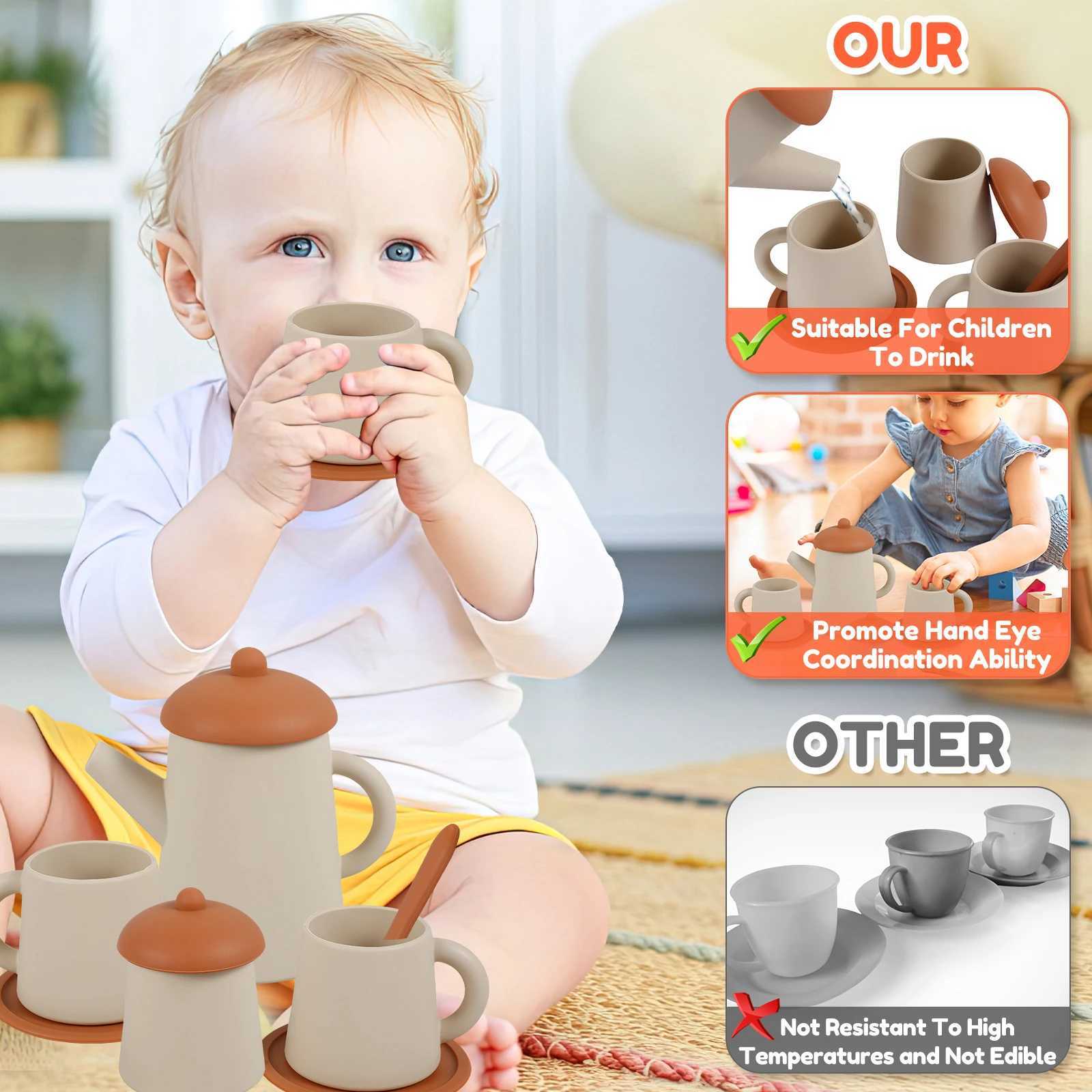 Wooden Children Montessori Toy Teapot Teacup Simulation Kitchen Utensil BPA Free Silicone Kid Education Pretend Play Toy Gift C250922