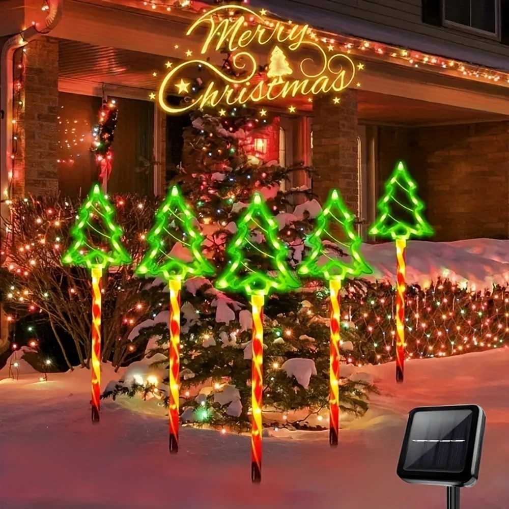 Set of 5 Solar Christmas Tree Ground Lights Garden Holiday Mood Lights Candy Cane Shape Landscape Lighting for Lawns Patios C250922