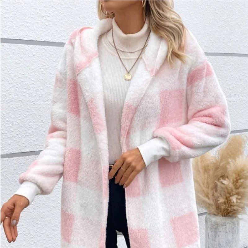 Women Autumn Winter Double Fleece Plaid Cardigan Soft Loose Long Sleeve Plush Warm Hooded Jacket Female Patchwork Outerwear Coat 250923