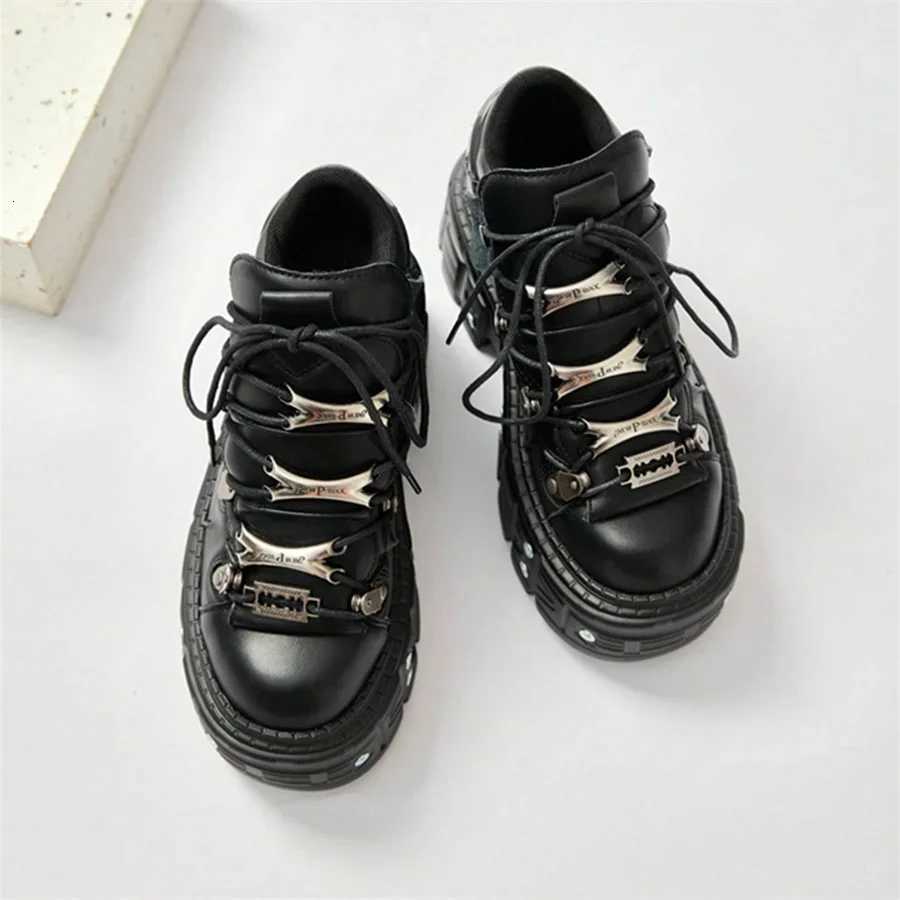 Punk Style Women Black Shoes Rock Metal Decor Laceup Heel Height Platform Shoes Gothic Man Sneakers Women Ankle Boots 2025 New W250922