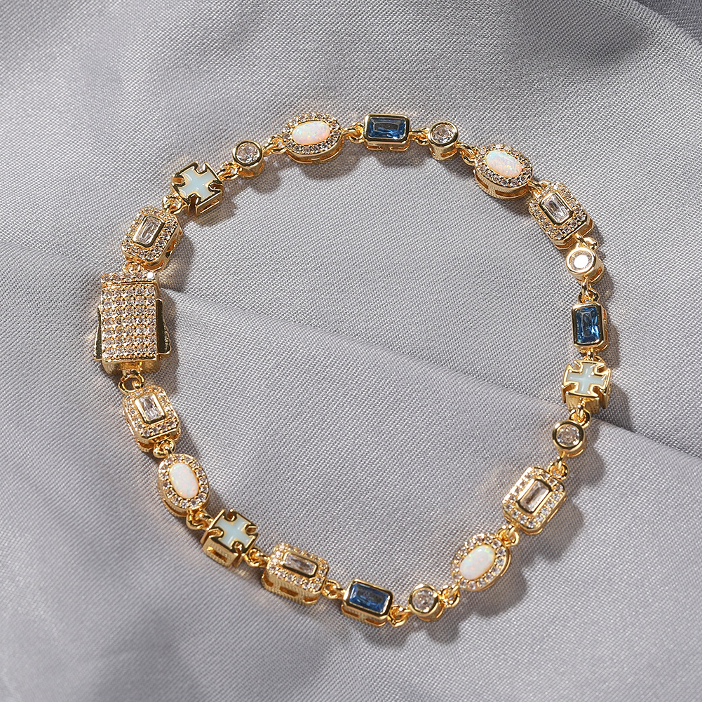 Hip Hop Blue Cross Colorful Tennis Chain Bracelet 5A Zircons Women Mens Jewelry