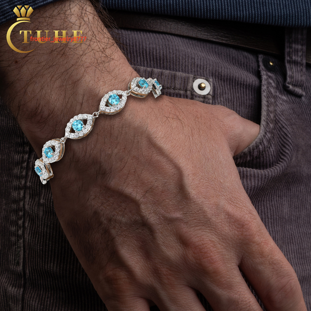 High Quality Jewelry Fashion 15mm Gold Plated 925 Sterling Silver VVS Moissanite Diamond Evil Eye Tennis Bracelet for Men Women