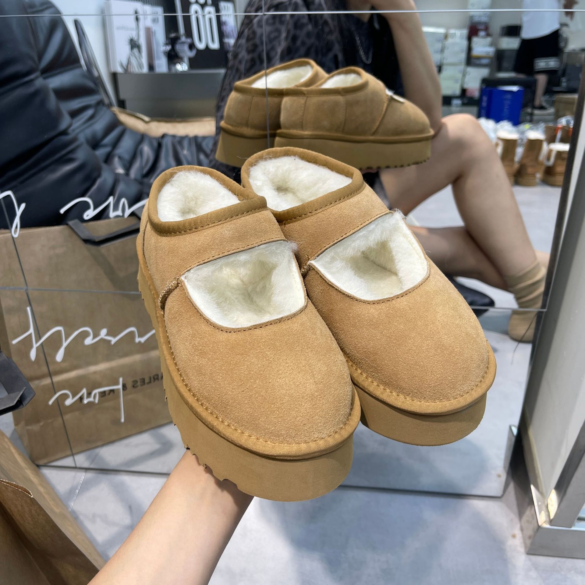Free shipping vintage autumn-winter cowhide wool Mary Jane Snow Boots with thick inner elevation casual non-slip warm fleece