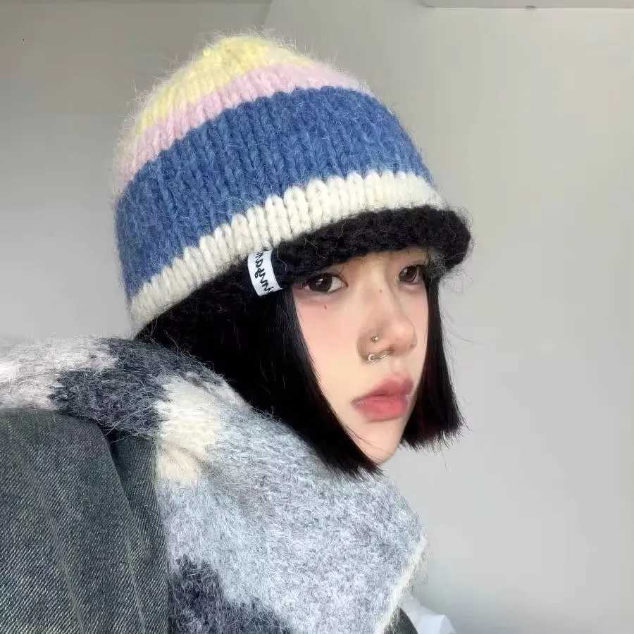 Korean Version Playf Rolled Edge Striped Knitted Hat For Wen In Autumn And Winter Warm Ear Protection Cold Hat Woolen Hat Y250920