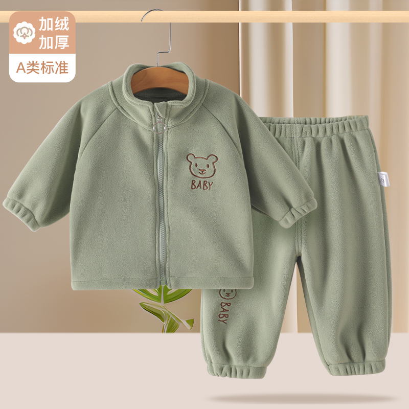 Double sided Orly fleece set for infants and young children, autumn and winter thick warm children's clothing two-piece set