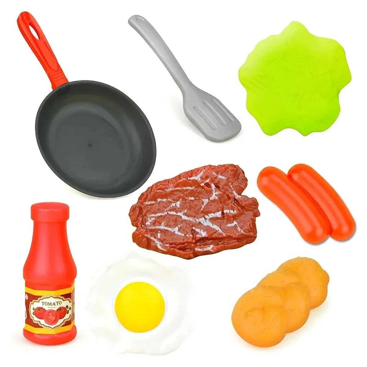 8PCS Kids Kitchen Play Food Set Pretend Cookware with Steak Vegetables Bread Hot Dog for Toddler Cooking Games C250922
