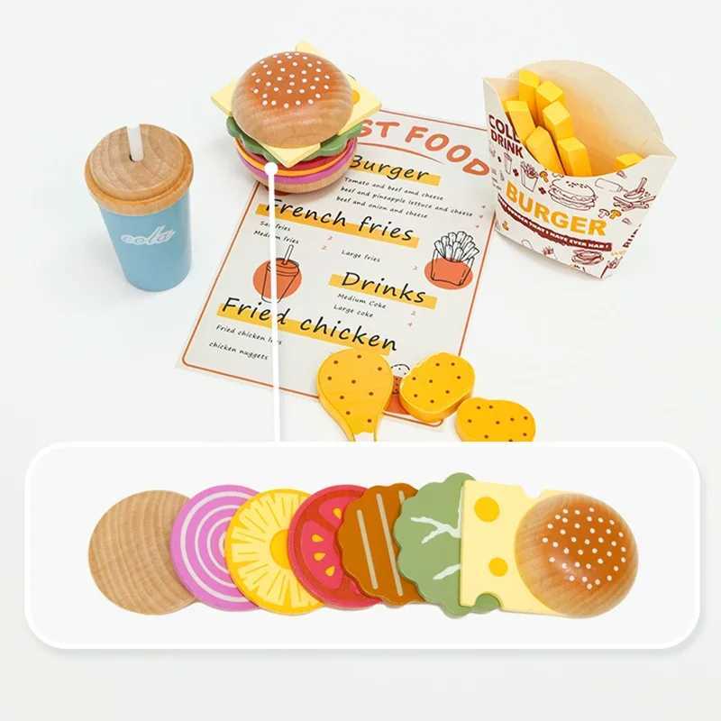 Wooden Play Food Pretend Play Kitchen Accessories Fast Food Hamburger Set Early Educational Toys For Kids Gifts C2509221