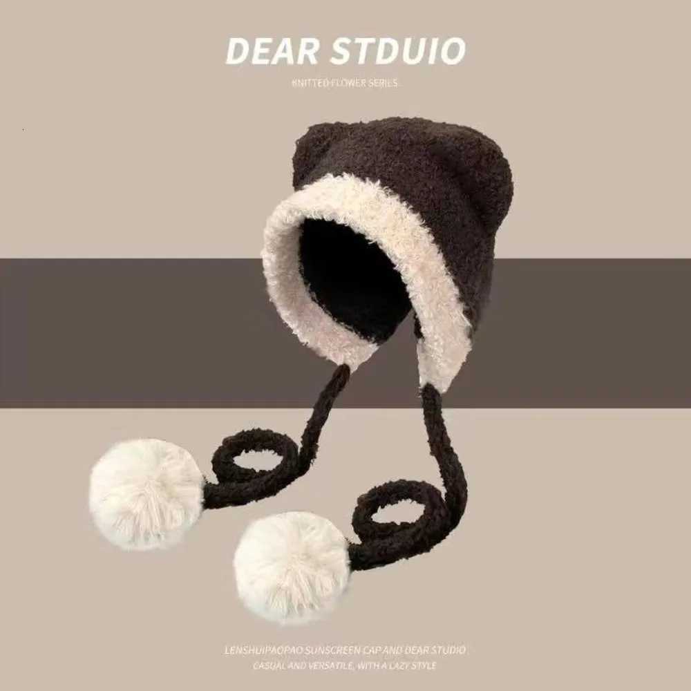 New Cute Bear Knitted Hat Pp Fur Balls Pr C Windproof Knitted Beanie Hat Autumn and Winter Y250920