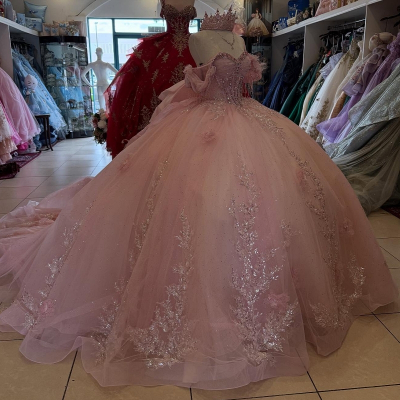 Pink Shiny Quinceanera Dresses Off The Shoulder Sequin Applique Flower Beading Crystal Bow Tull Party Birthday Sweet 16 Dress Vestidos 15 De Anos