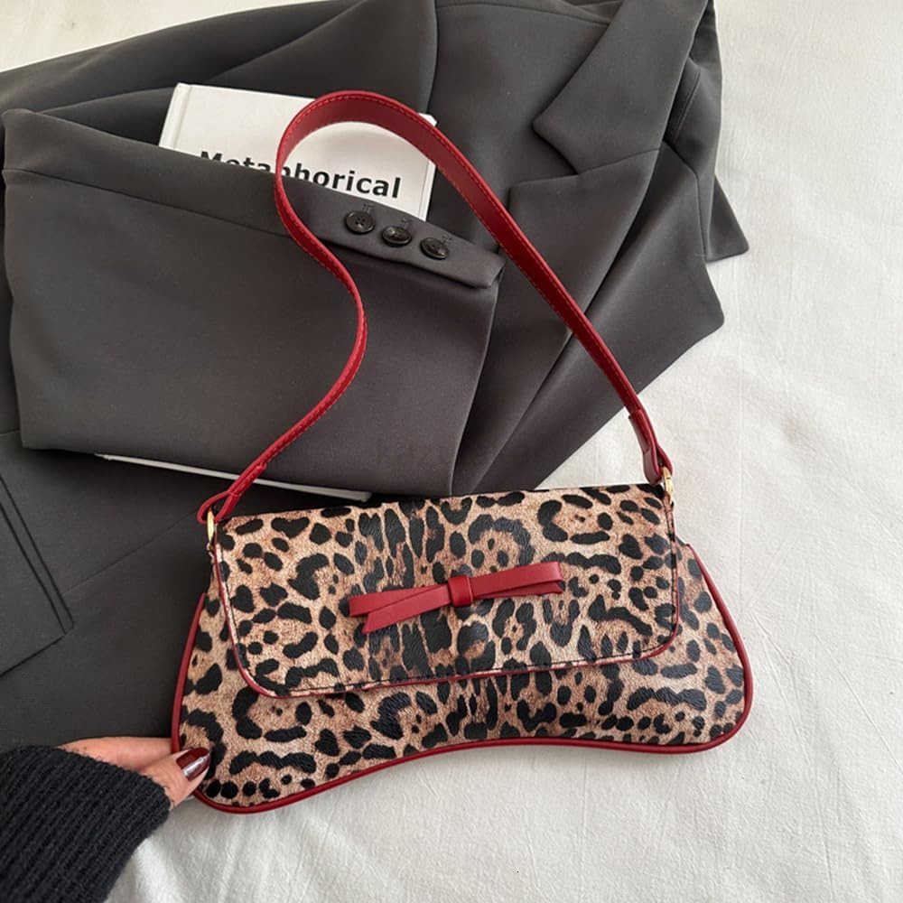 Womens Leopard Print Shoulder Bag Underarm Hobo Handbag with Bow TopHandle BagsY260116