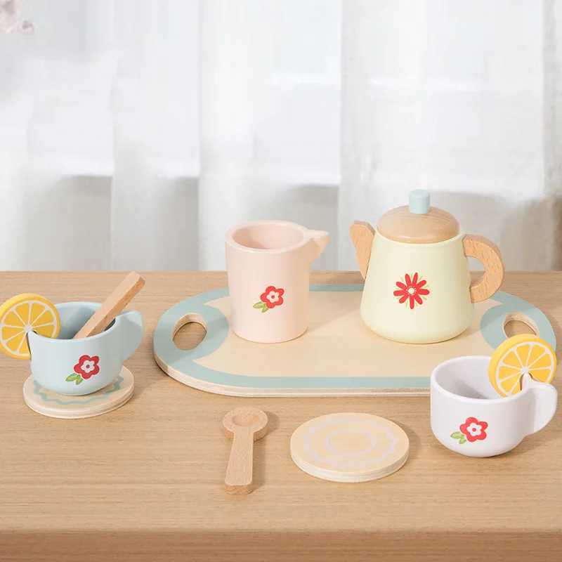 Kids Wooden Tea Set Play House Pretend Make Tea Play With Teapot Teacup Afternoon Snack Role Playing Toys Boys Girls Gift C250922