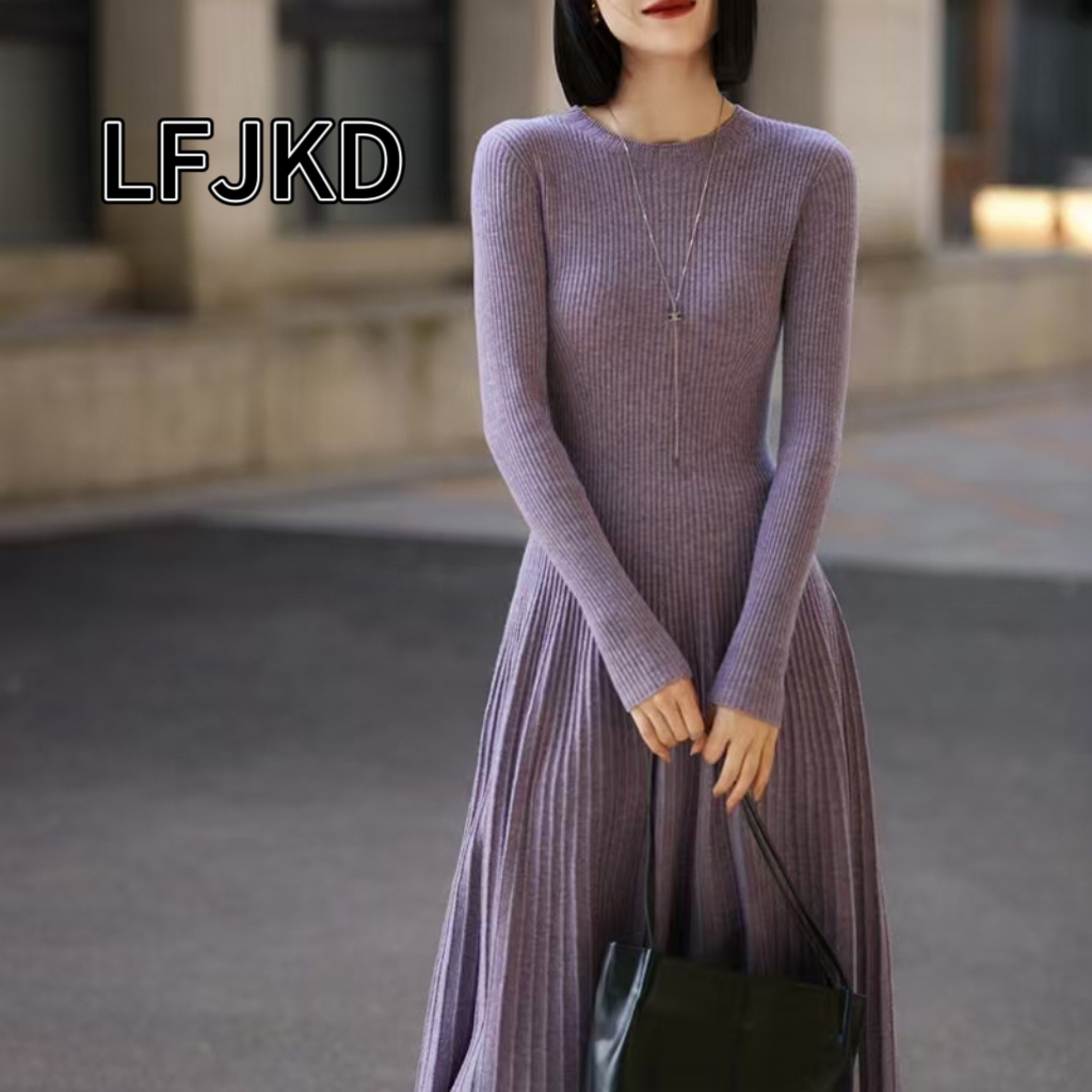 K2214 Autumn and winter new pure wool round neck knitted dress long sleeves women's warm solid color pleated long skirt
