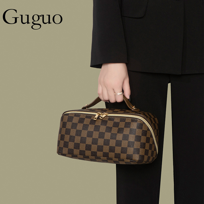 Guguo Designer Bag Vintage Style Floral Plaid Makeup Bag For Women Large Capacity Luxury Bag Portable Handheld Toiletry Bag Cosmetic Storage Bag Whole