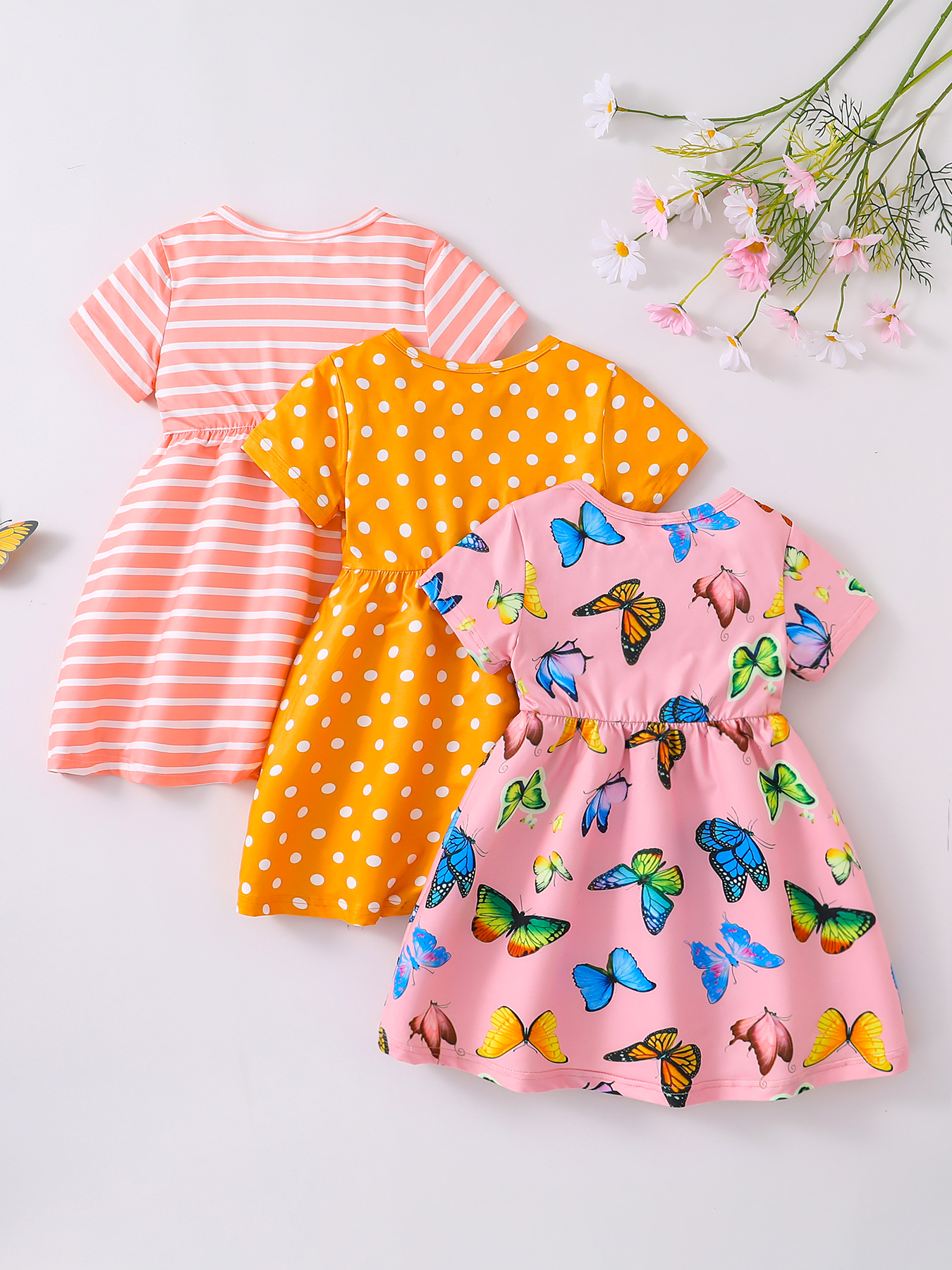 3Pcs Toddler Girl Dresses Set: Striped, Polka Dot & Butterfly Print Short - Sleeve Dresses, Cute Summer Outfits-KJ1X3964A