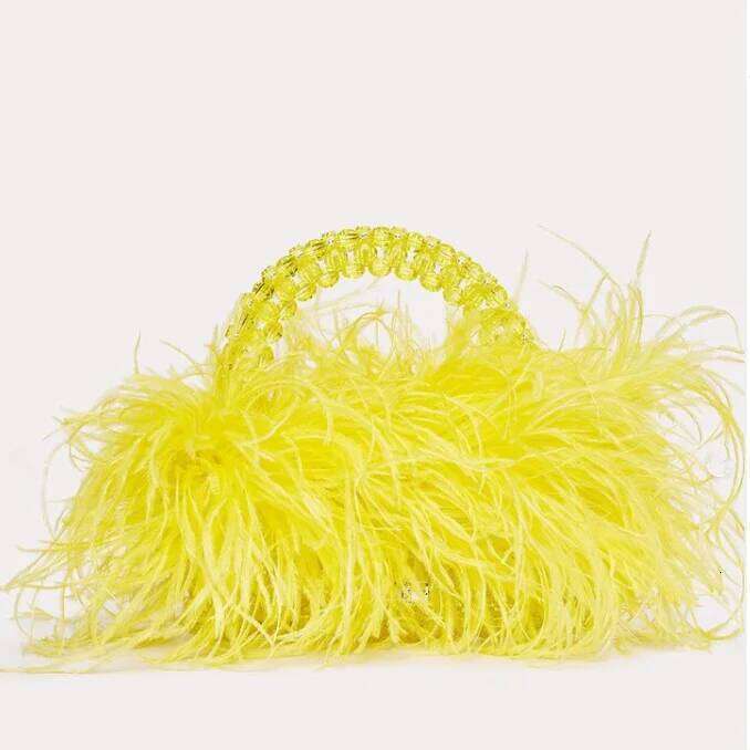 Designer Luxury Pearl Beaded Evening Bag Ostrich Feather Fur Clear Acrylic Crystal Stone Box Tote Handbag Women Handmade Party Purse