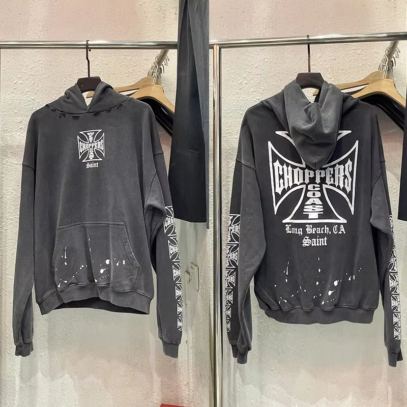 Hip Hop Vintage Washed Black Hoodie Cotton Damaged Hole Pullovers Hooded With Tag