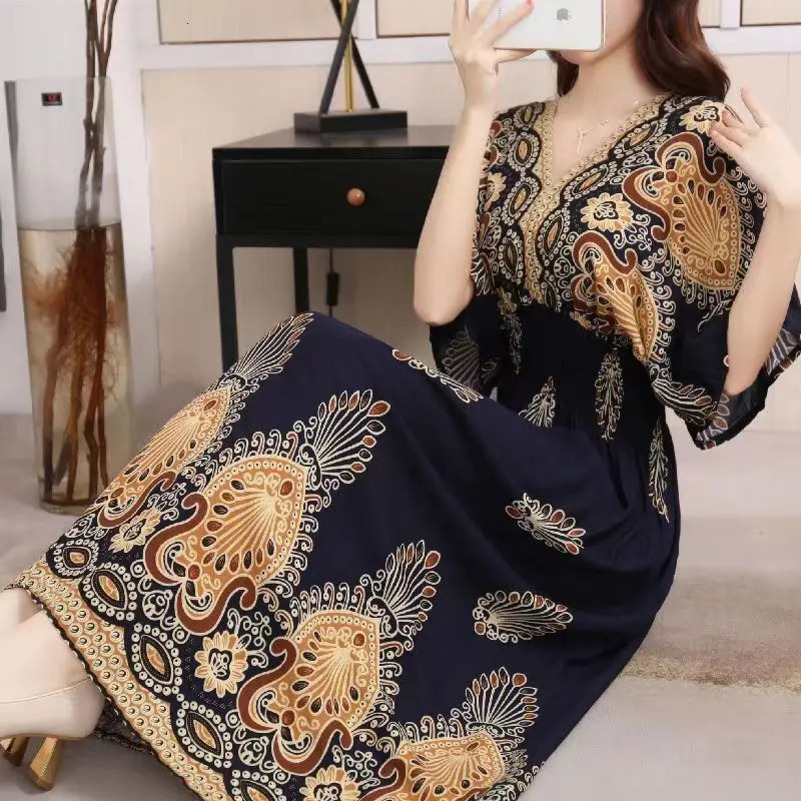 Spring Casual Elegant Retro Bohemian Style V-neck Elastic Waist Large Swing Printed Long Skirt Autumn Summer Dress 250122