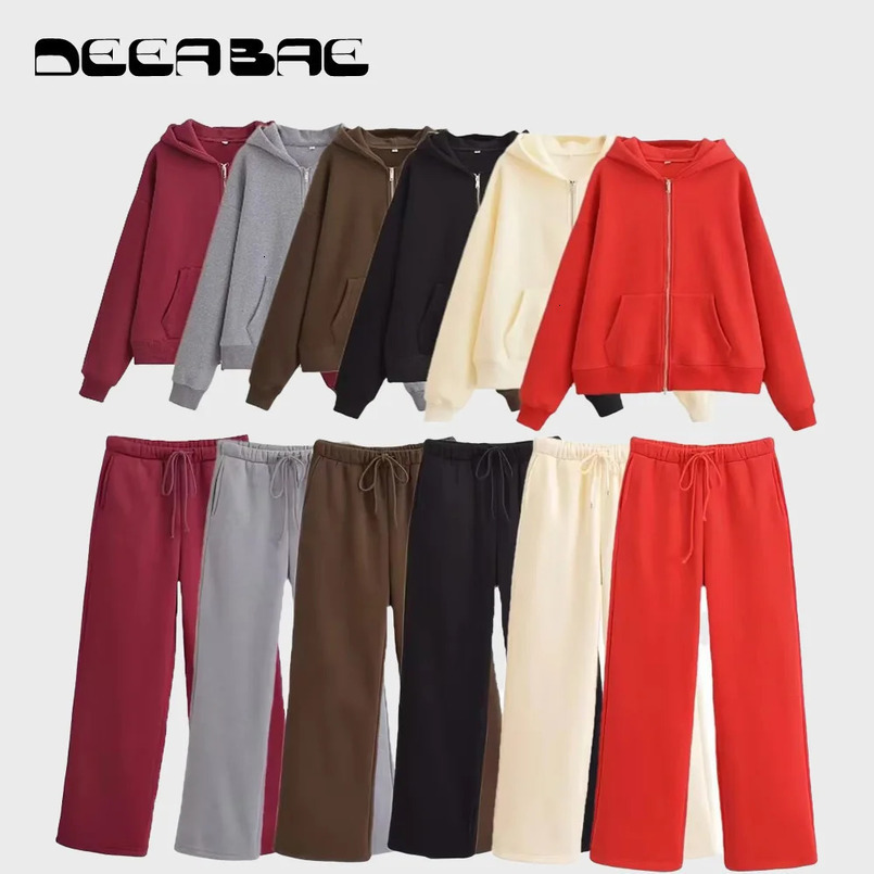 DEEABAE Tracksuits Set Women Fashionable Zipper Loose Hooded Sweatshirt High Waist Flannel Trousers Set 250113