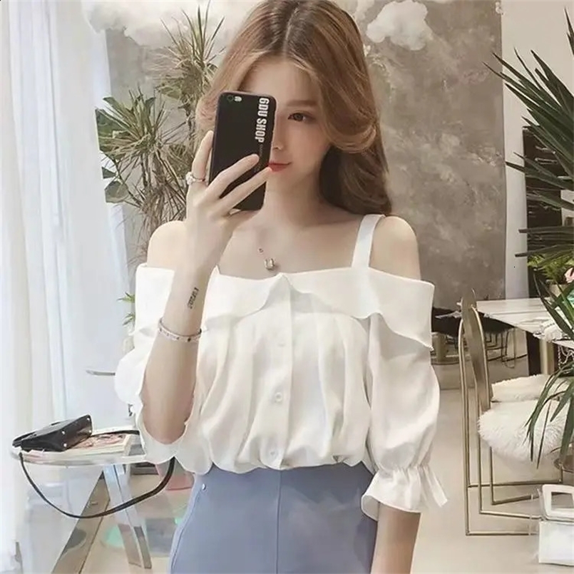 White Camisole Chiffon Shirt Womens Short Sleeved Summer Style One Shoulder Lotus Leaf Sleeve Shirt Top 240827