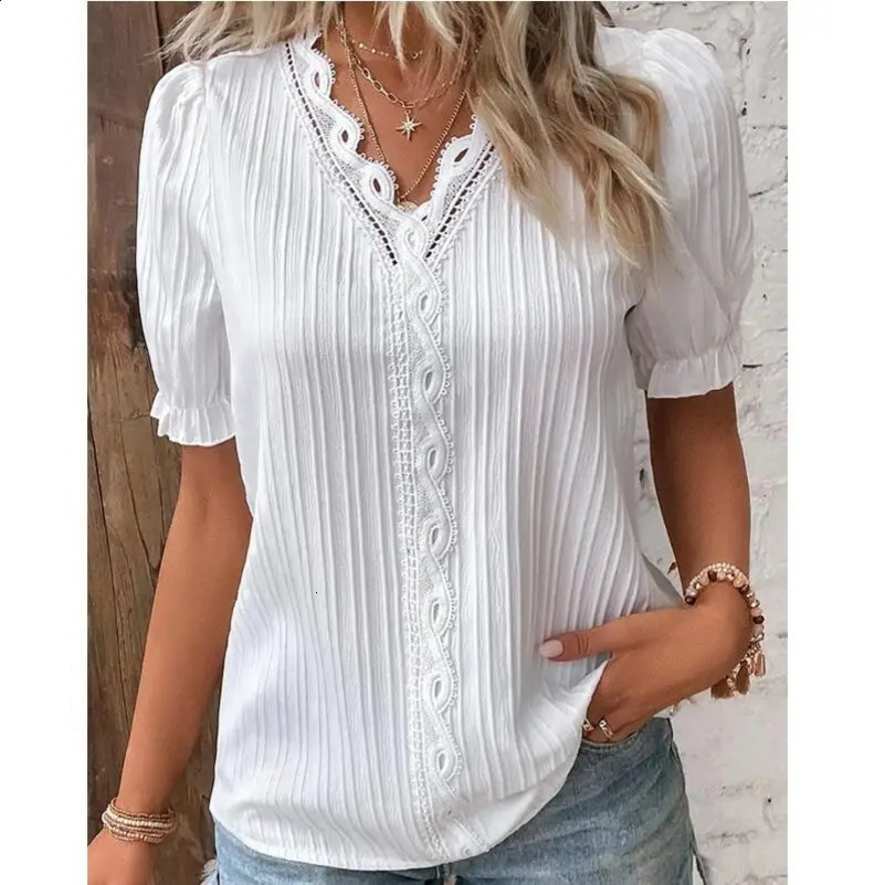 Womens Summer Top Solid Sexy V-Neck Hollow Short Sleeve Shirt Fashion Splice Plus Size Blouse Loose Street Apparel 250313