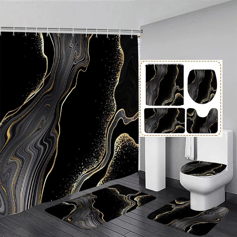 Black Marble Shower Curtain Set Gold Lines Abstract Textured Pattern Modern Bathroom Decor Non-slip Rug Bath Mats Toilet Cover 240902