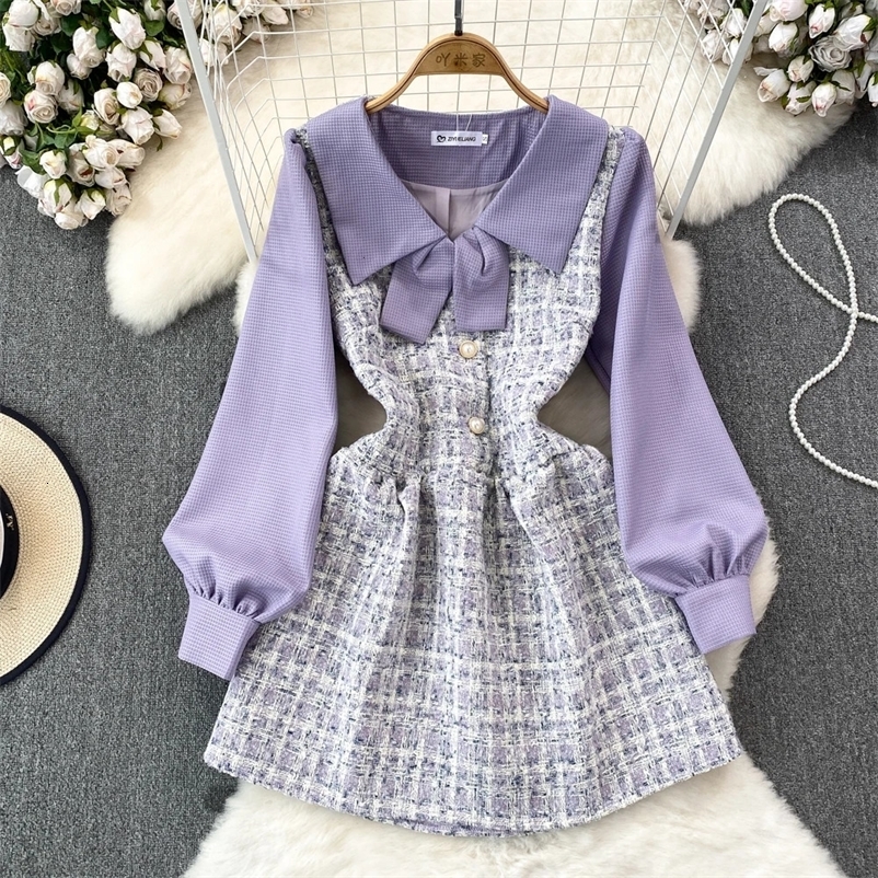 False Two Pieces Dresses for Women Peter Pan Collar Plaid Patchwork Long Sleeve Tweed Vestidos Autumn Female Dress Drop 240529