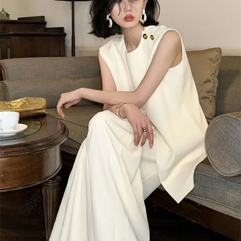 Vintage Elegant Blazer Vest Set Chic Sleeveless Solid Tank Top and Wide Leg Trousers Pantsuit Outfits Summer Korean Clothes 240826