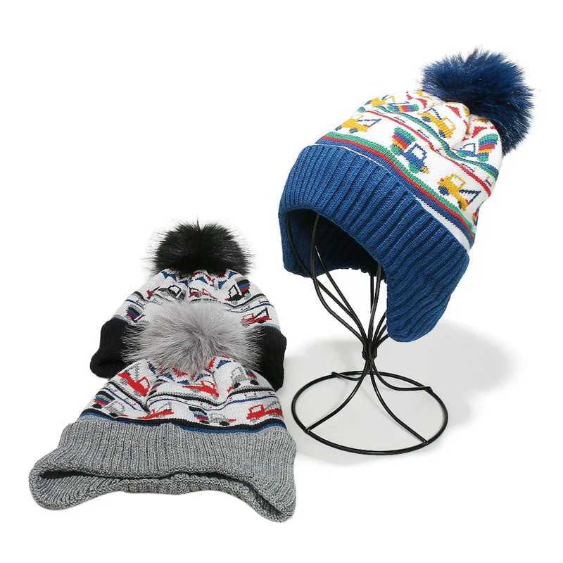 Car Truck Boys Girls Hats Winter Pompom Cartoon Knitted Children Caps Thick Warm Fleece Ear Protection Kids Hats Z251029