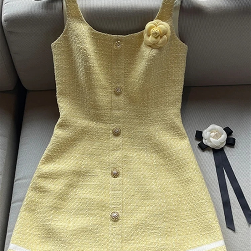 Korea Small Fragrance Sleeveless Dress Summer Women Gold Buttons Slim Waist Sexy Vintage Tweed Female Vest Dresses 3D Flowers 240529