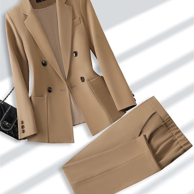 Fashion Ladies Pant Suit Formal Women Office Business Work Wear Blazer And Trouser Beige Black Khaki 2 Piece Set With Pocket 240826