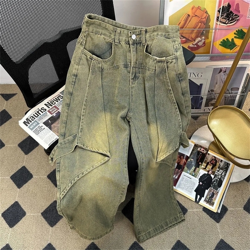 Spring Men and Women Strt Personzed Washed Straight leg Jeans Couple Loose Wide Leg Floor Raging Casual Pants Z260313
