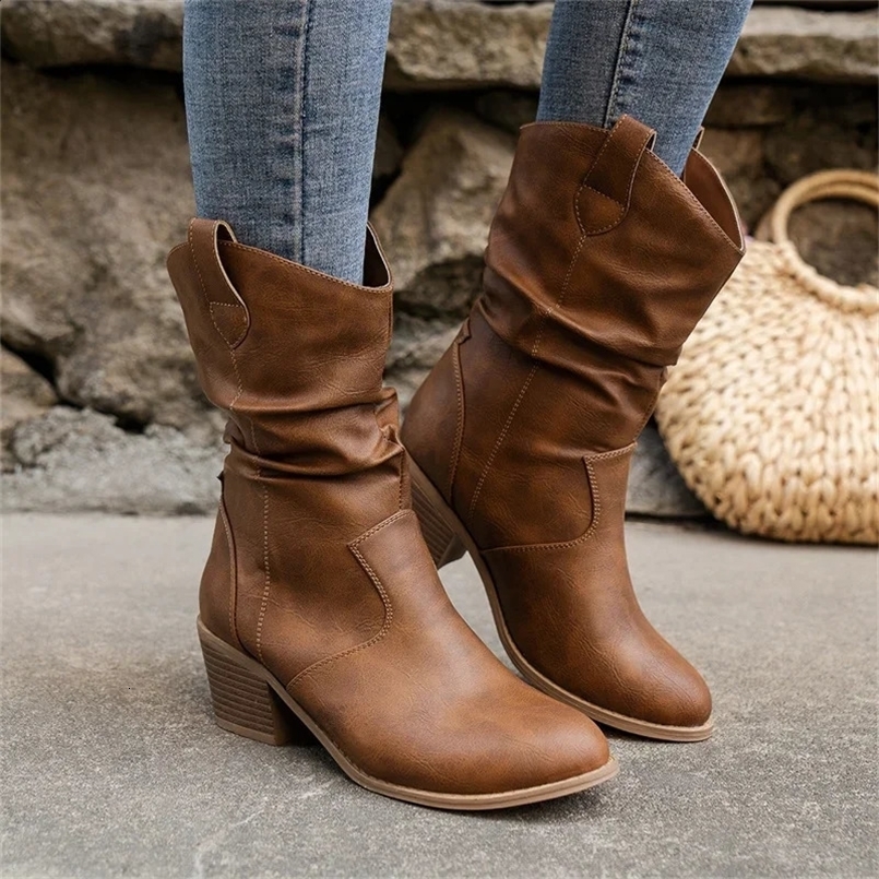 Female Western Boots Cowboy Boots Women Plested Women Ankle Boots Pu Leather Shoes Autumn Boots Women Booties Lady Plus Size 42 240830