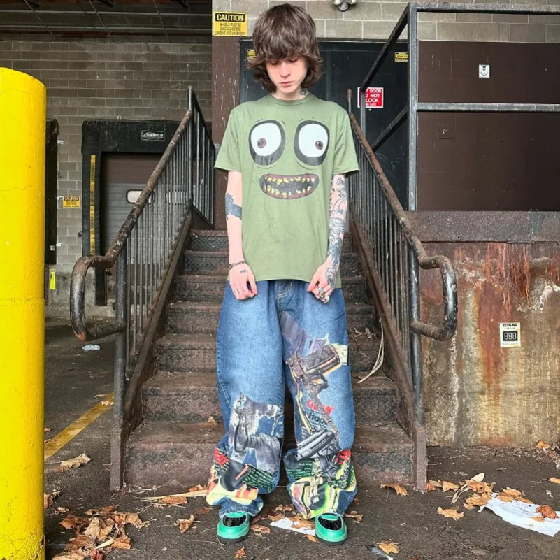 Y2K American High Street hip hop trend Loose T-shirt funny printed n elements top men Goth Harajuku oversized t shirt 250417