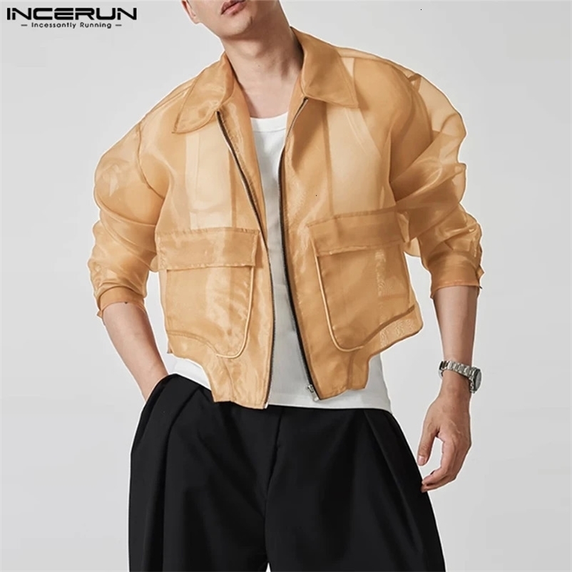 Men Irregular Jackets Mesh Transparent Zipper Lapel Long Sleeve Crop Coats Men Streetwear Solid Stylish Jackets INCERUN 240615
