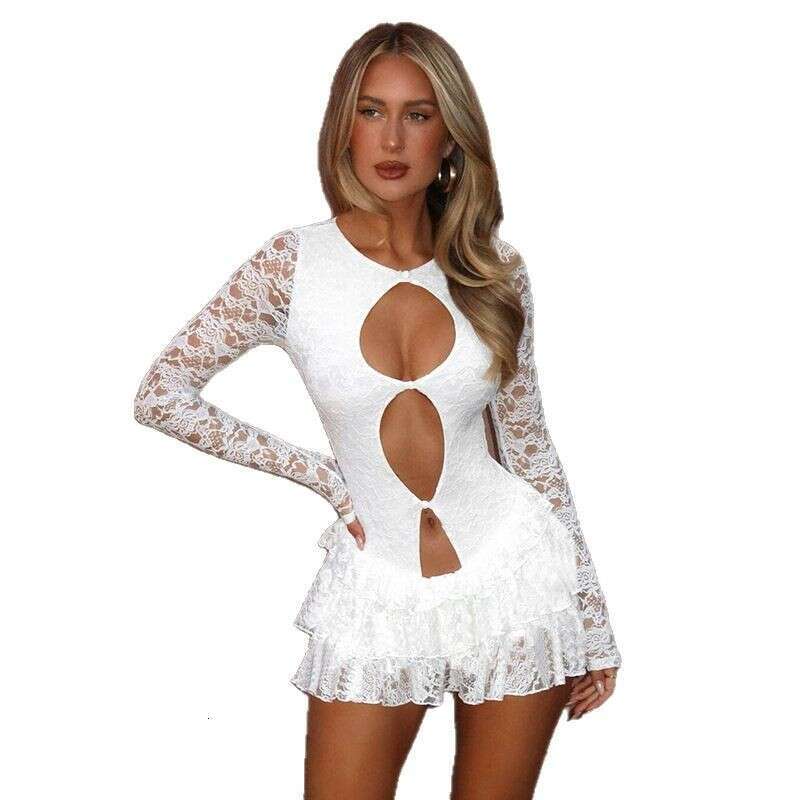 2025 Spring and Summer New Women's Sexy Hollow Lace Stitching Slim Dress
